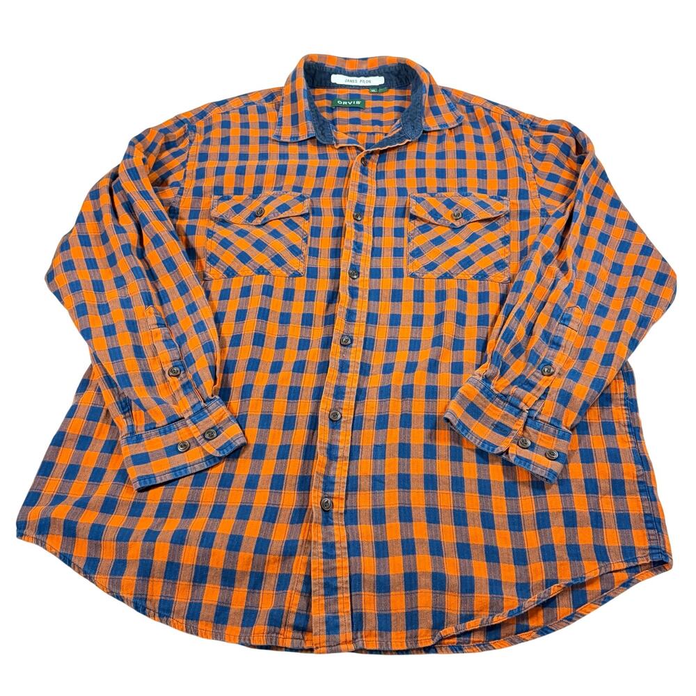 Orvis Mens orange blue plaid flannel.  Size XL.  heavyweight, outdoors, fall
